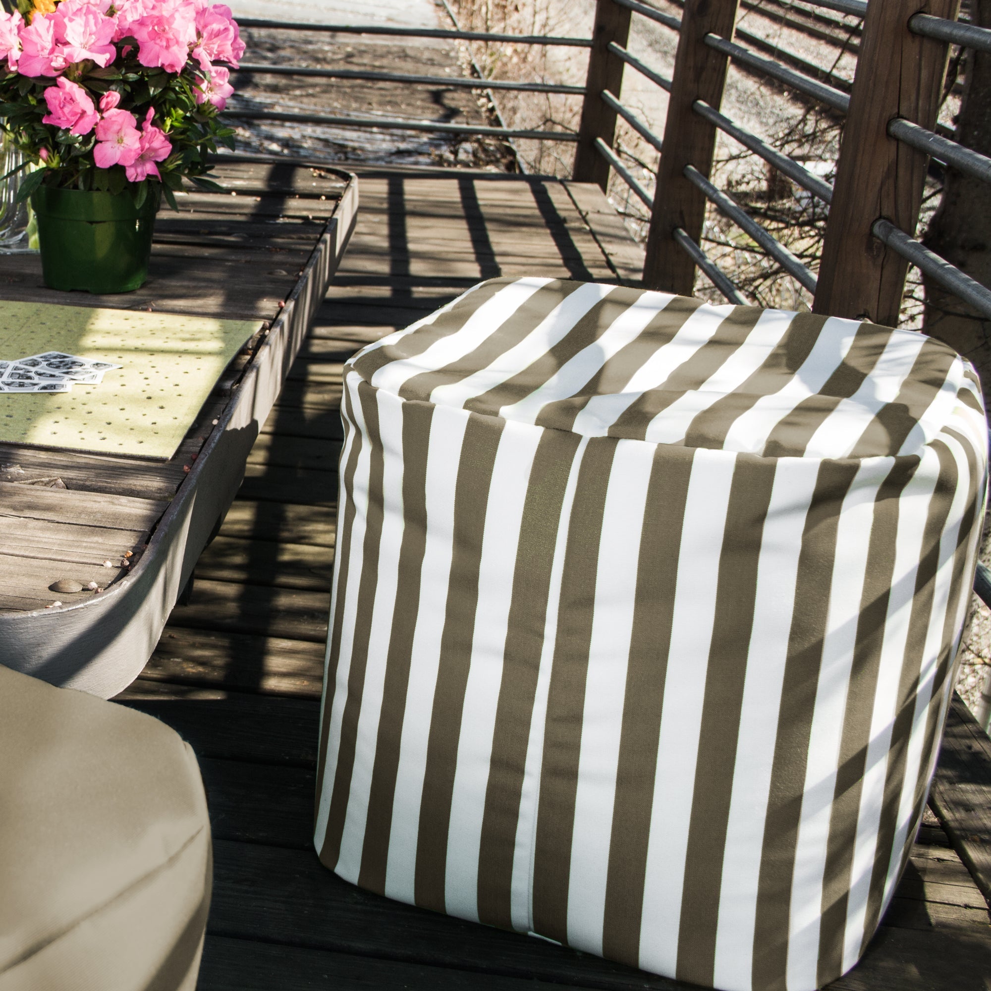  Jaxx Luckie Outdoor Patio Bean Bag Ottoman - Taupe Striped - Bonton