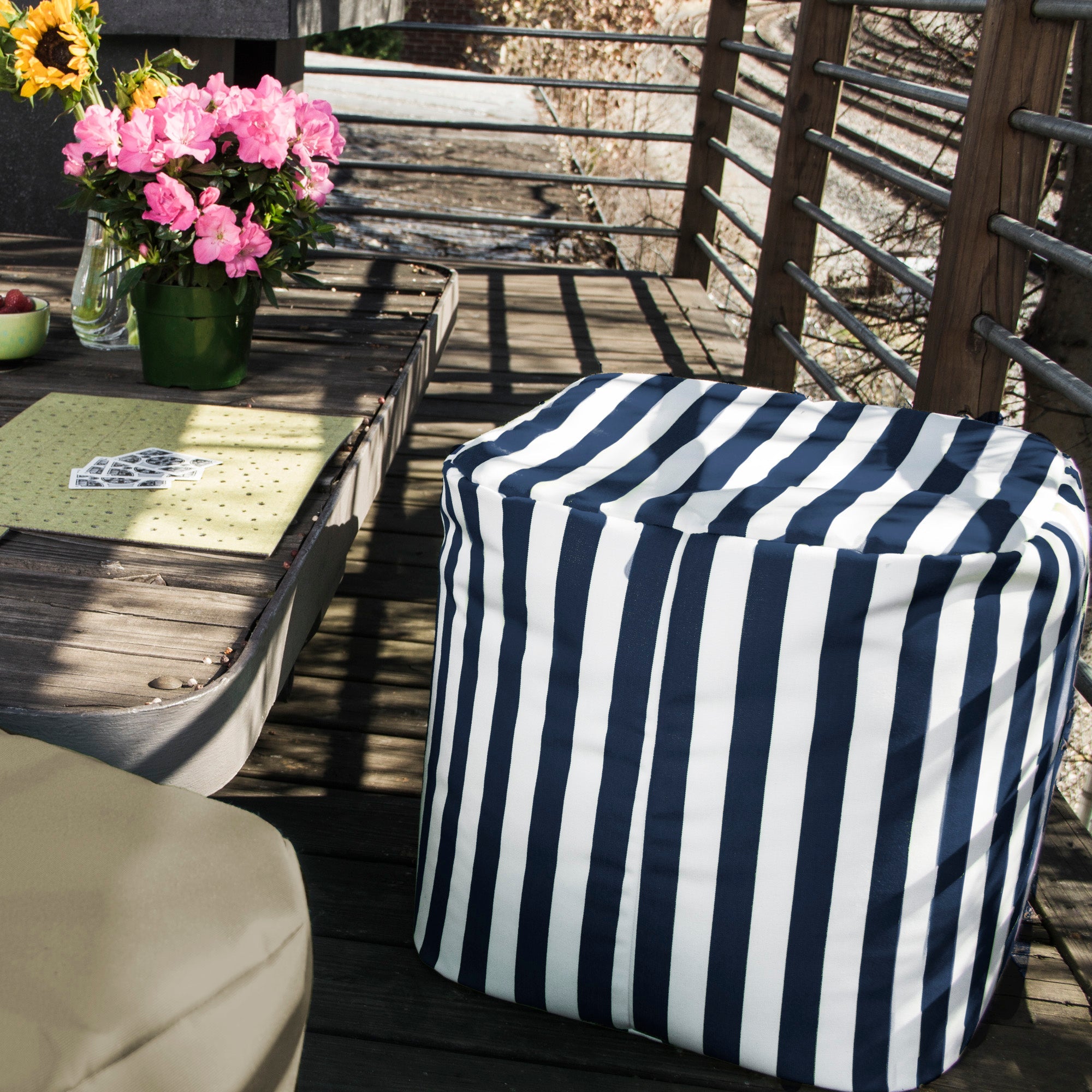  Jaxx Luckie Outdoor Patio Bean Bag Ottoman - Navy Striped - Bonton