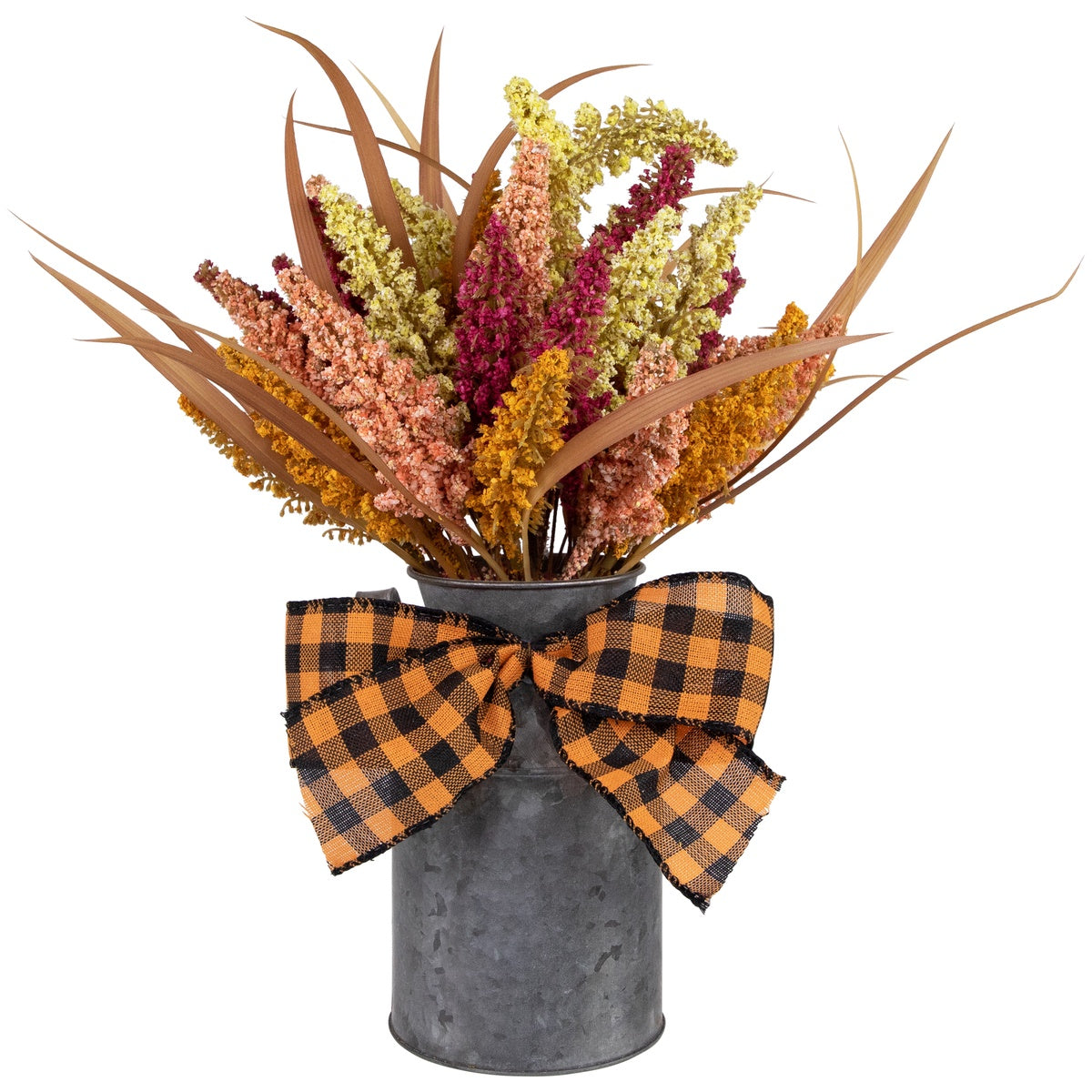  Northlight Autumn Harvest Foliage in Canister Floral Decoration With Checkered Bow - 18