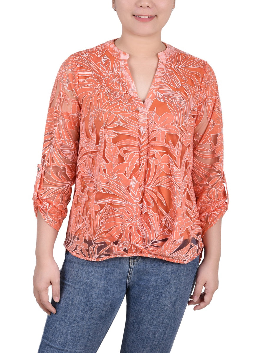  NY Collection Long Sleeve Burnout Y Neck Blouse - Black Palm Leaves - Bonton