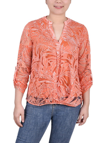 Long Sleeve Burnout Y Neck Blouse