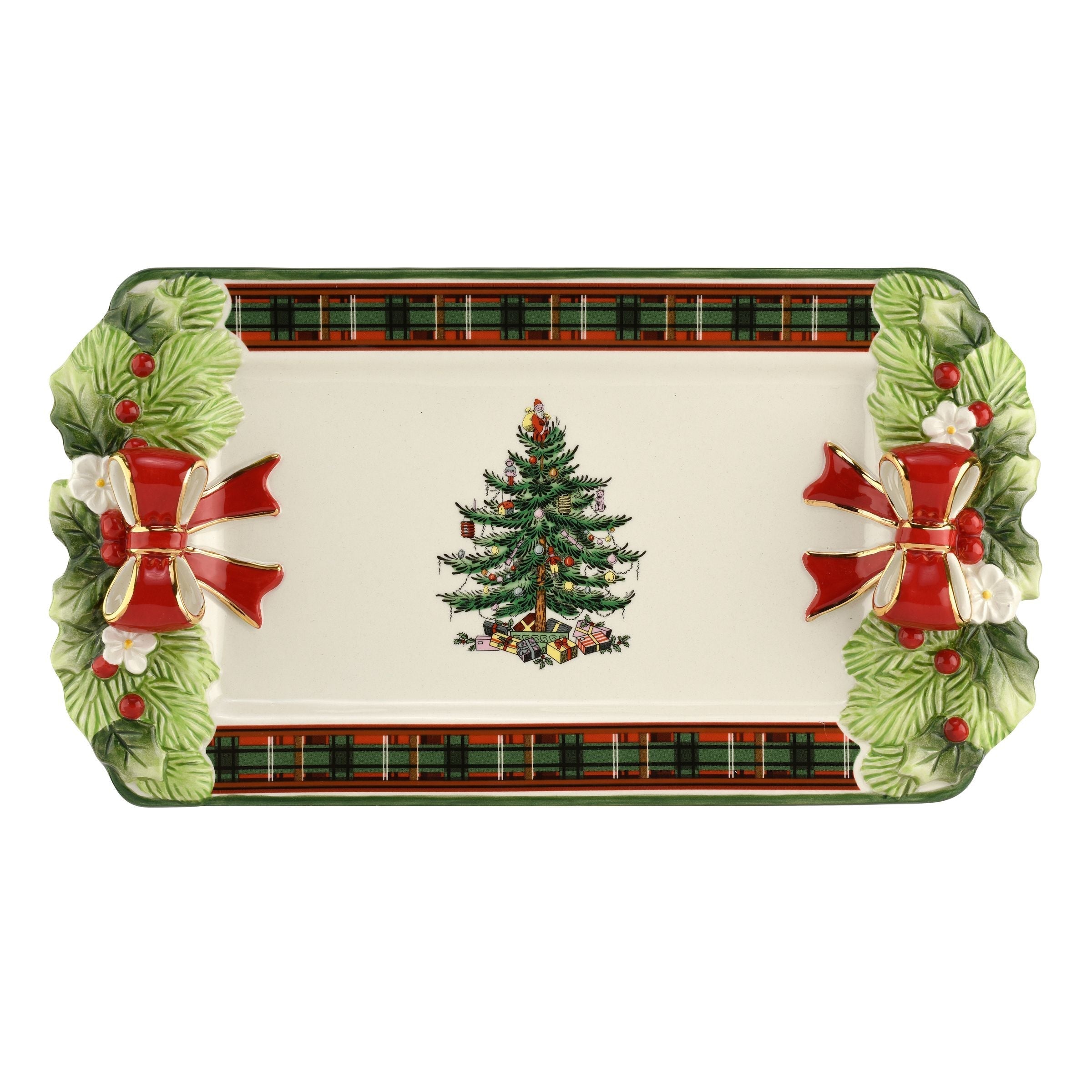  Spode Christmas Tree Figural Tartan Tray - White - Bonton