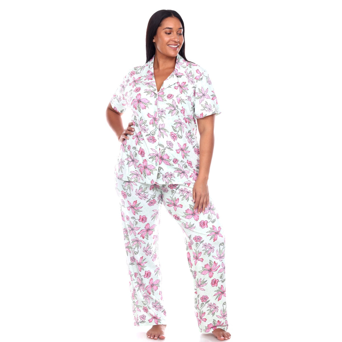  White Mark Plus Size Short Sleeve & Pants Tropical Pajama Set - 3X - Bonton