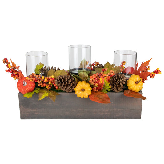 27" Pumpkin  Berry and Pine Cone Fall Harvest Triple Pillar Candle Holder