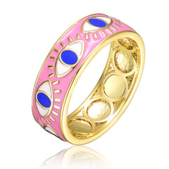 GiGiGirl 14k Yellow Gold Plated Band Ring With Pink Enamel Having Eye Shaped Design