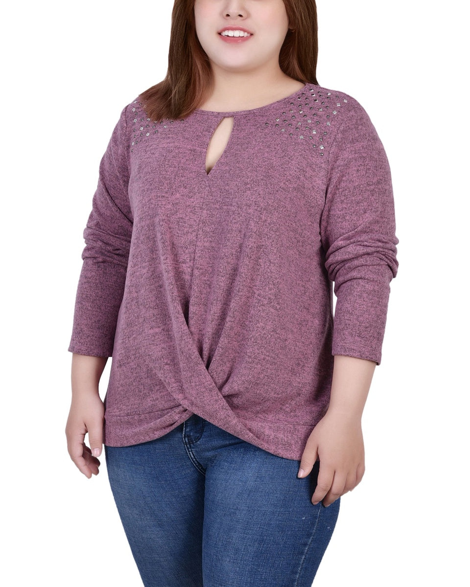  NY Collection Plus Size Long Sleeve Knit Keyhole Top With Studs - Navy - Bonton