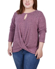 Plus Size Long Sleeve Knit Keyhole Top With Studs