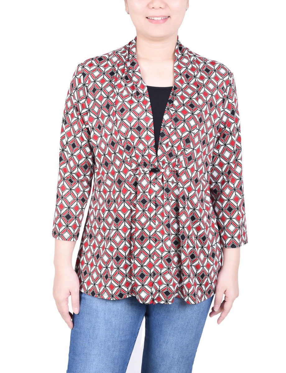  NY Collection Petite Puff Print 3/4 Sleeve Two-Fer Top - Jester Red Ivory Geo - Bonton