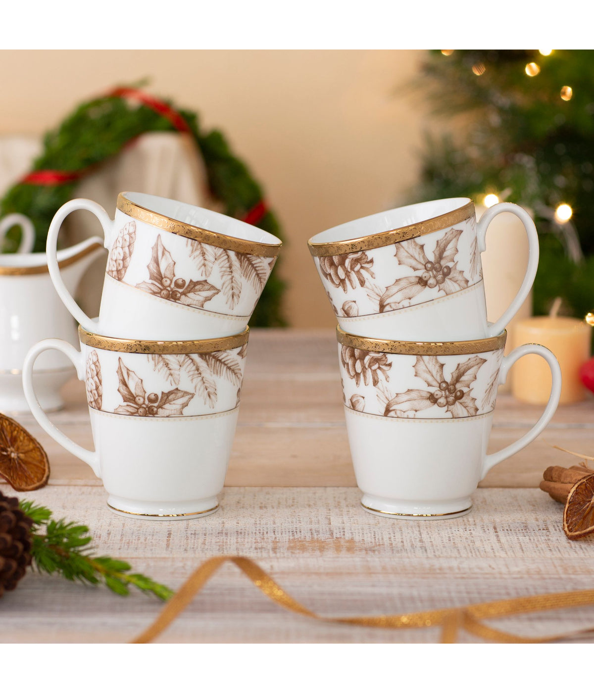  Noritake Charlotta Gold Set of 4 Holiday Harvest Mugs - White - Bonton