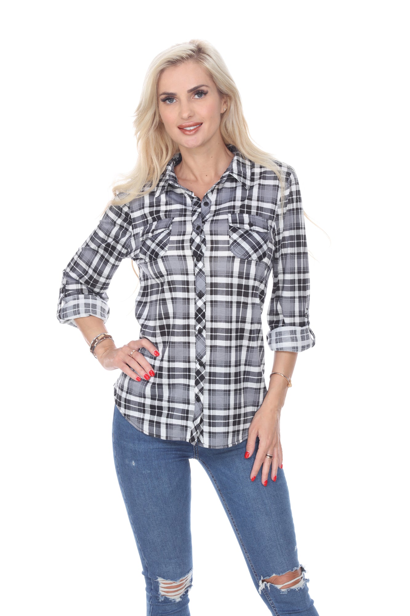  White Mark Women's Oakley Stretchy Plaid Top - S - Bonton