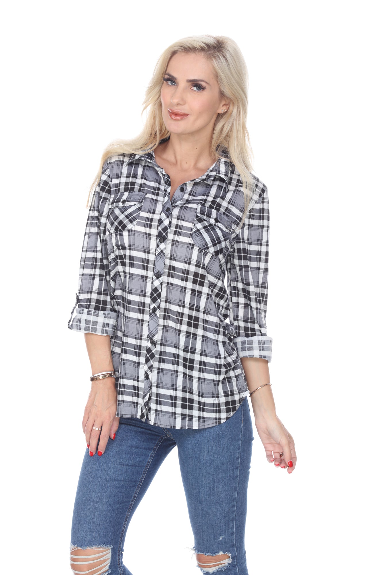  White Mark Women's Oakley Stretchy Plaid Top - S - Bonton