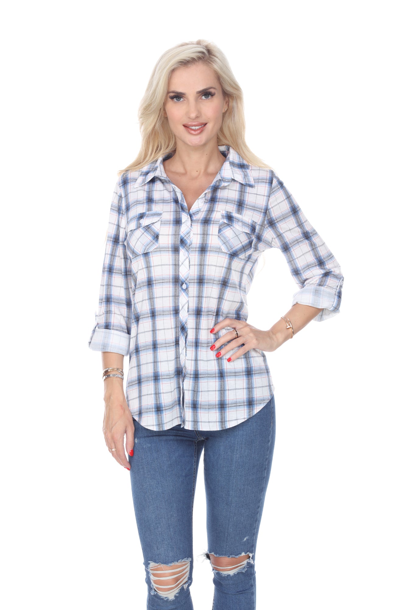  White Mark Women's Oakley Stretchy Plaid Top - S - Bonton