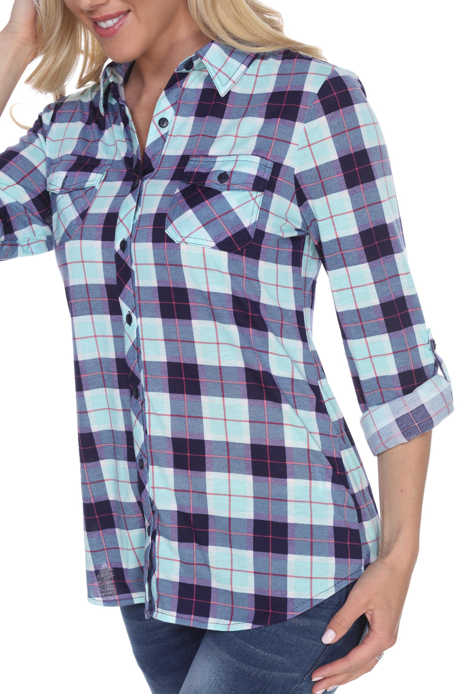  White Mark Women's Oakley Stretchy Plaid Top - S - Bonton