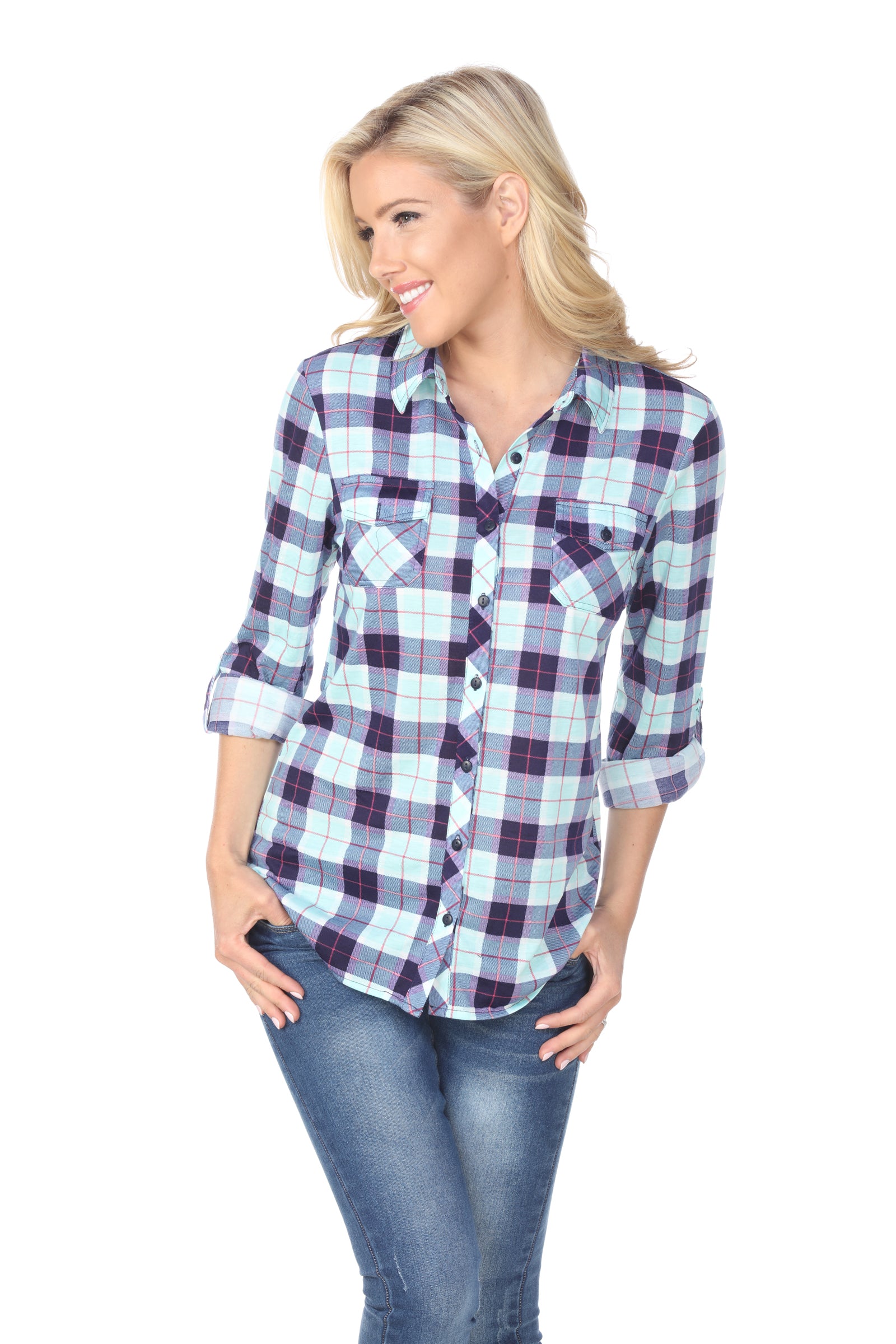  White Mark Women's Oakley Stretchy Plaid Top - S - Bonton