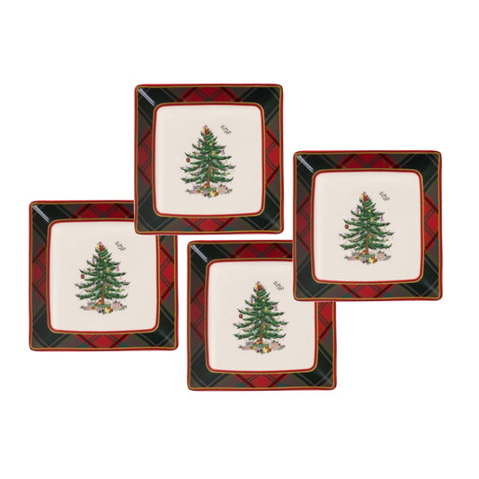 Christmas Tree Tartan Tidbit Plates Set of 4