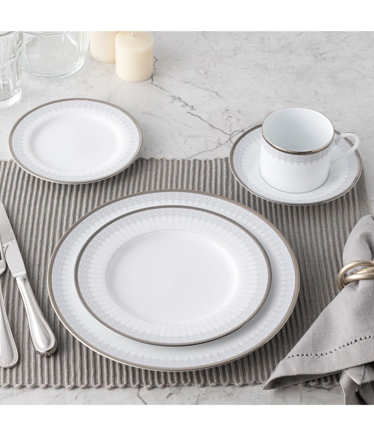  Noritake Silver Colonnade 5 Piece Place Setting - White - Bonton