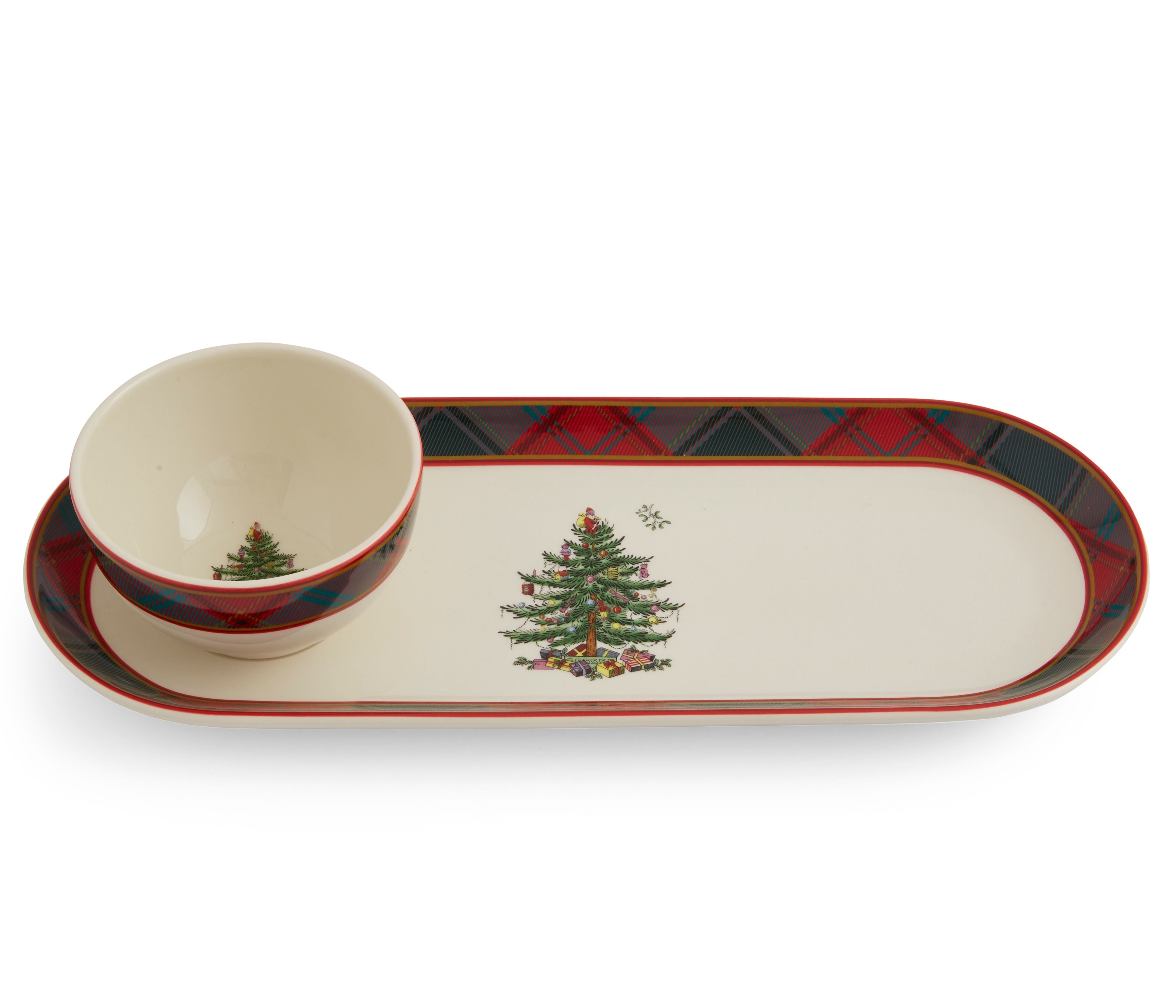  Spode Christmas Tree Tartan 2 Piece Chip & Dip - White - Bonton