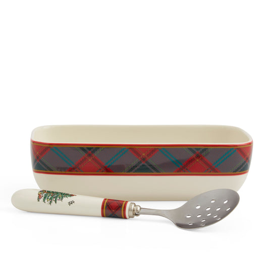 Christmas Tree Tartan Rectangle Server with Slotted Spoon