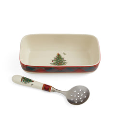 Christmas Tree Tartan Rectangle Server with Slotted Spoon