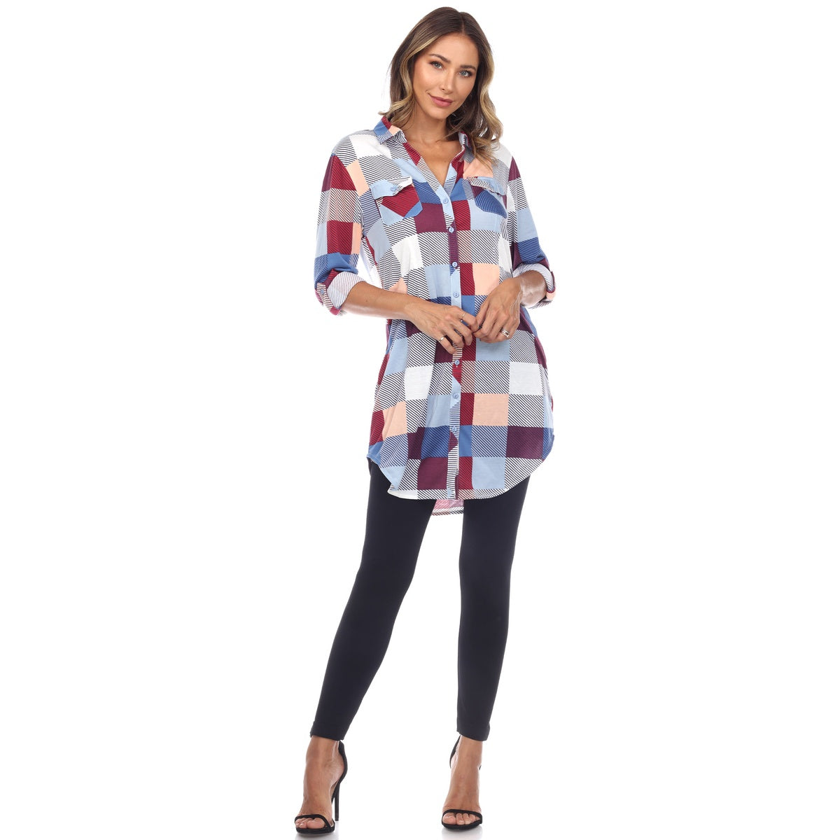  White Mark Women's Plaid Button Down Tunic Top - S - Bonton