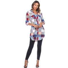 Women's Plaid Button Down Tunic Top