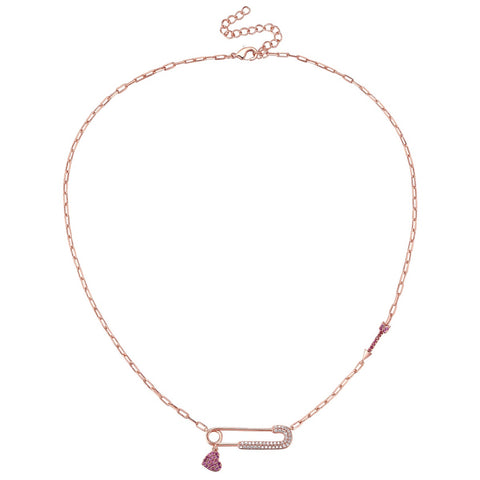Children's 14k Gold Plated With Ruby & Cubic Zirconia Heart Charm Dangle Paperclip Adjustable Length Necklace