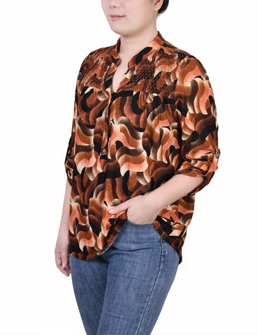 Petite 3/4 Roll Tab Sleeve Smocked-Yoke Top