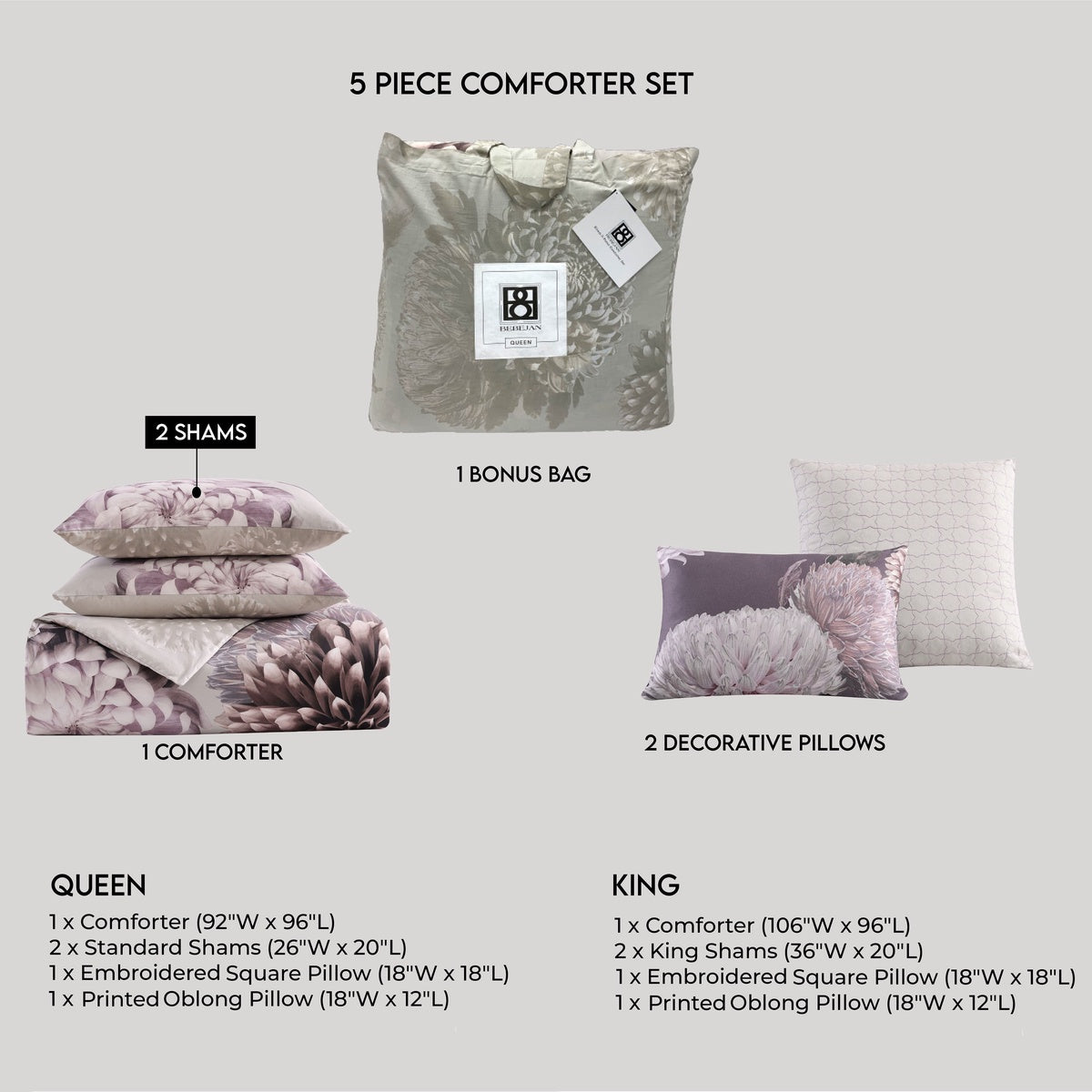  Bebejan Bebejan Dahlia Purple 5 Piece Reversible Comforter Set - QUEEN - Bonton