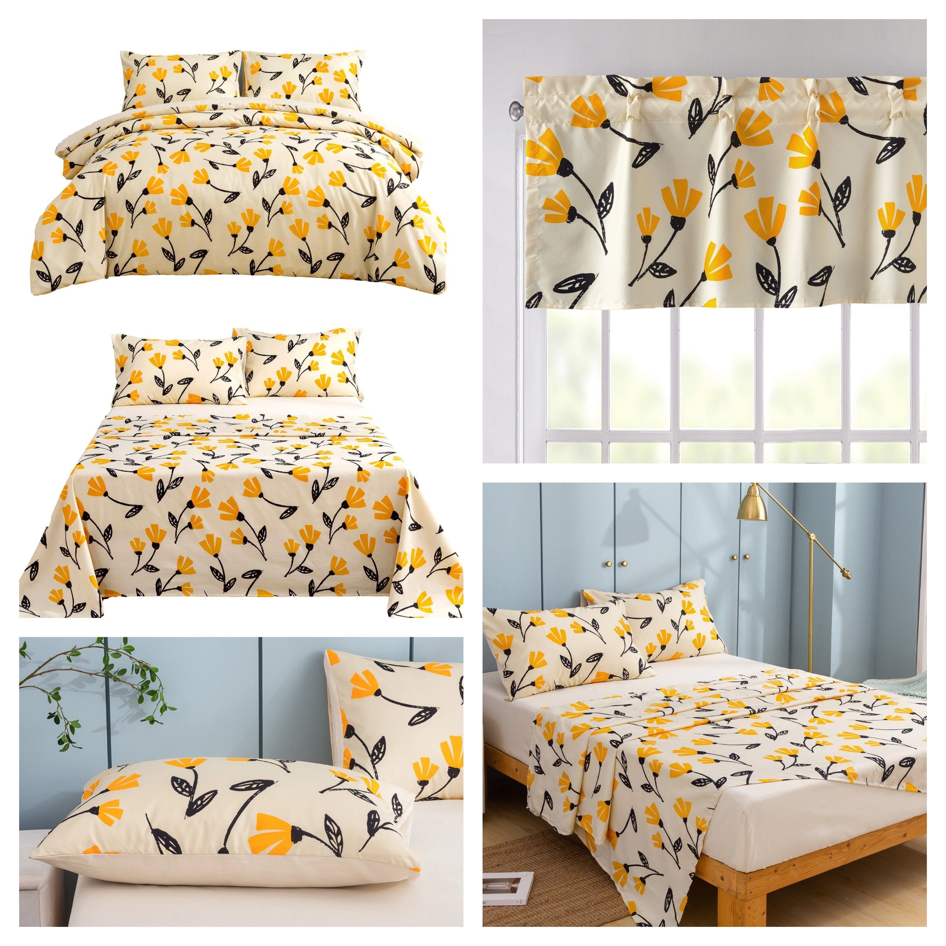  DaDa Bedding Collection DaDa Bedding Yellow Fleur Golden Orange Botanical Ivory Duvet Cover & Fitted Flat Bed Sheets Set w/ Pillow Cases Window Valances (18112) by DaDa Bedding Collection - Twin - Bonton