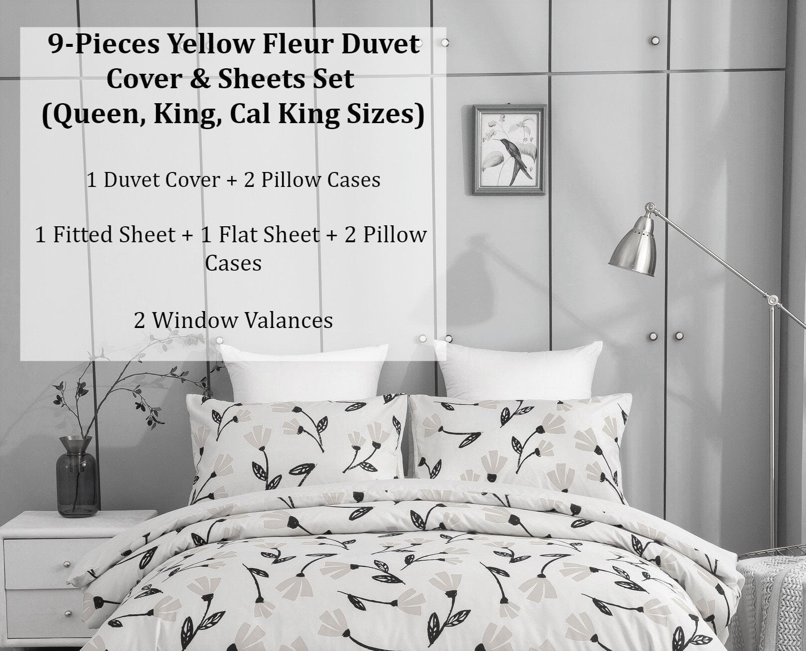  DaDa Bedding Collection DaDa Bedding Yellow Fleur Golden Orange Botanical Ivory Duvet Cover & Fitted Flat Bed Sheets Set w/ Pillow Cases Window Valances (18112) by DaDa Bedding Collection - Twin - Bonton