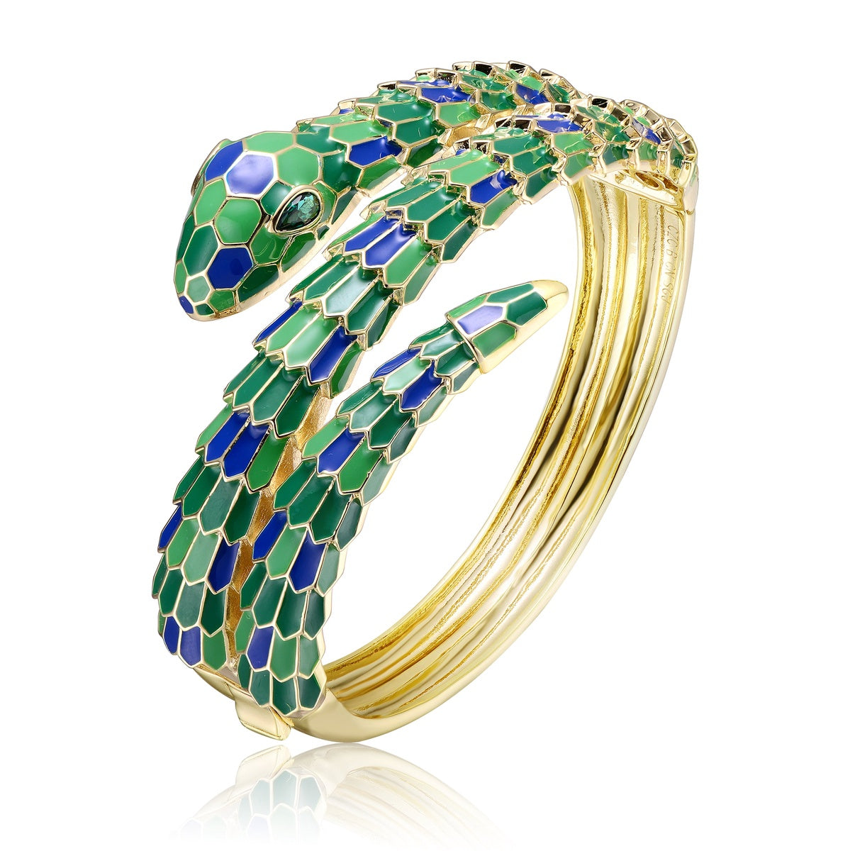  Rachel Glauber RG 14k Yellow Gold Plated With Emerald Cubic Zirconia Green & Blue Enamel 3D Serpent Coiled Bypass Wrapped Bangle Bracelet - Default Title - Bonton