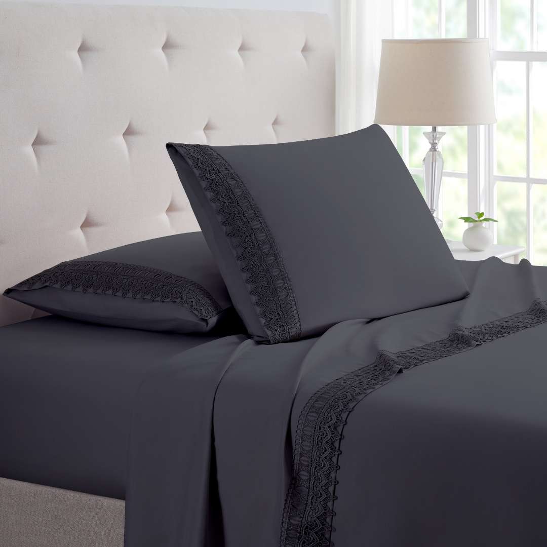  Bed Bath Fashions Bamboo Lace Crochet Embroidery 4 Piece Sheet Set - Aqua - Bonton
