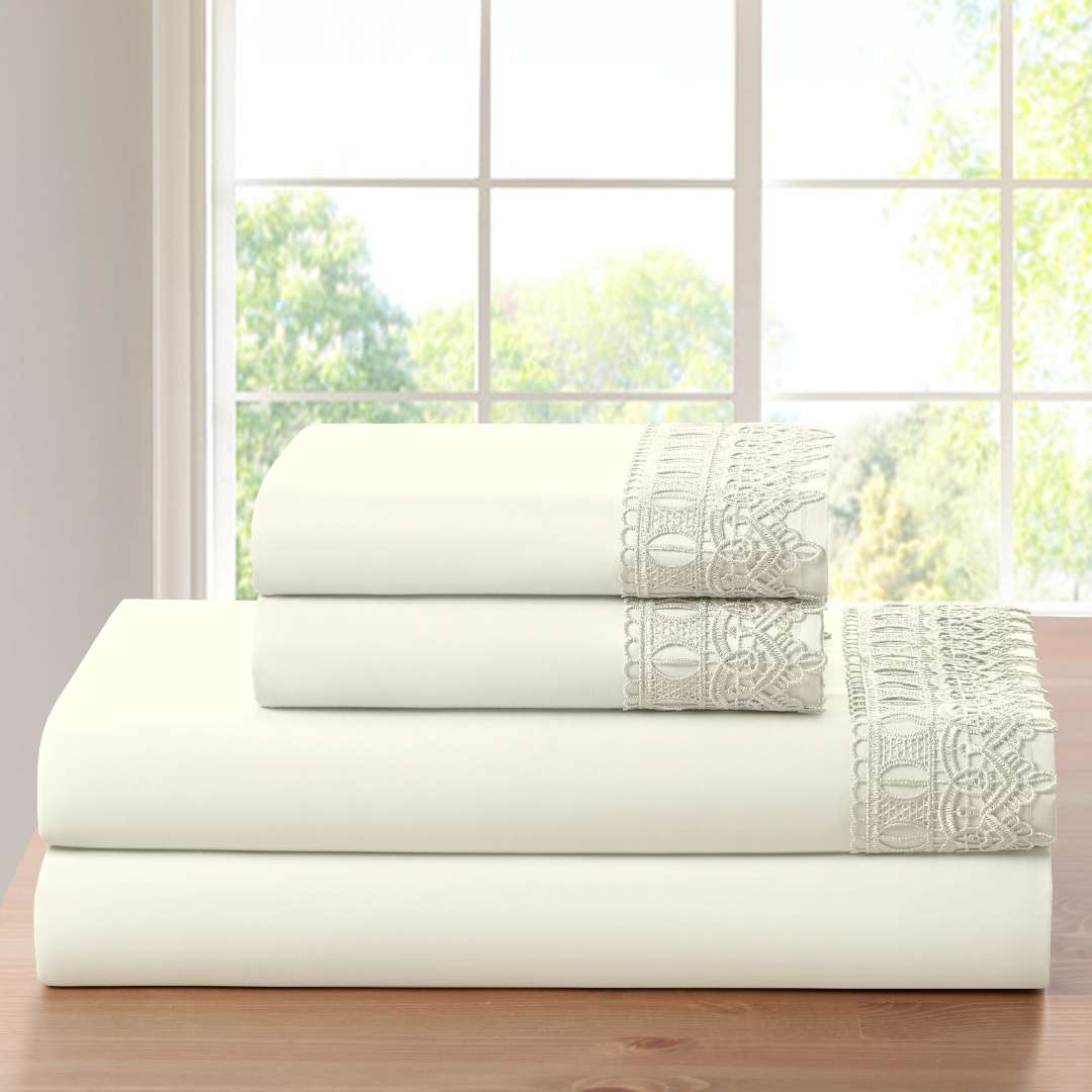  Bed Bath Fashions Bamboo Lace Crochet Embroidery 4 Piece Sheet Set - Aqua - Bonton