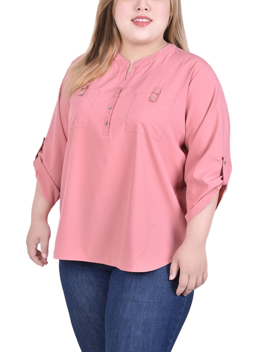  NY Collection 3/4 Tabbed Sleeve Y Neck Blouse - Dusty Rose - Bonton