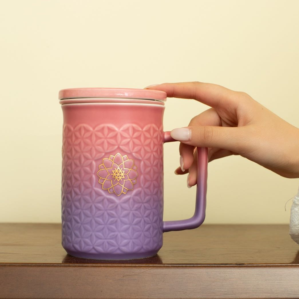  Acera Flower of Life 3-in-1 Tea Mug With Infuser - Pink and Purple Ombre / Hand-painted Gold Flower - Bonton