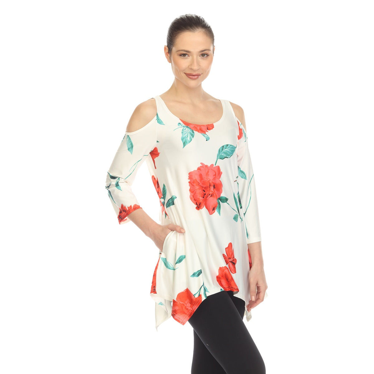  White Mark Women's Floral Printed Cold Shoulder Tunic - S - Bonton