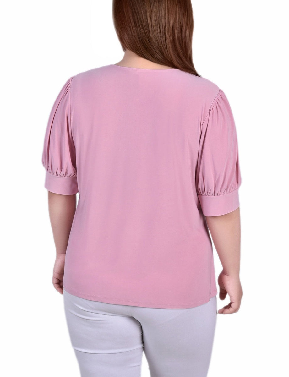  NY Collection Plus Size Short Sleeve Balloon Sleeve Top With Hardware - Bittersweet - Bonton