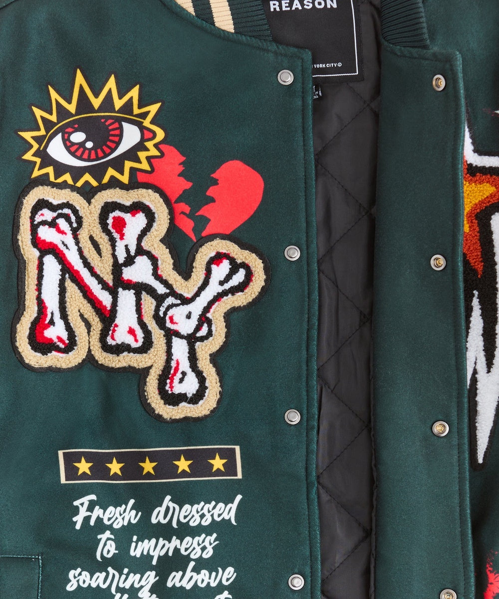  Reason Clothing Super Fly Chenille Patched Varsity Jacket - Green - GREEN - Bonton