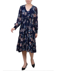 Long Sleeve Clip Dot Chiffon Dress With Smocked Waist and Cuffs