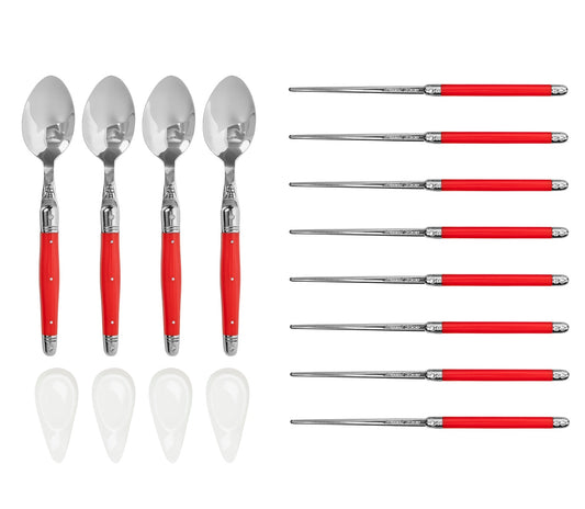 French Home Red Chopsticks, Laguiole Spoons and Ceramic Rests, Set of 4 Pairs