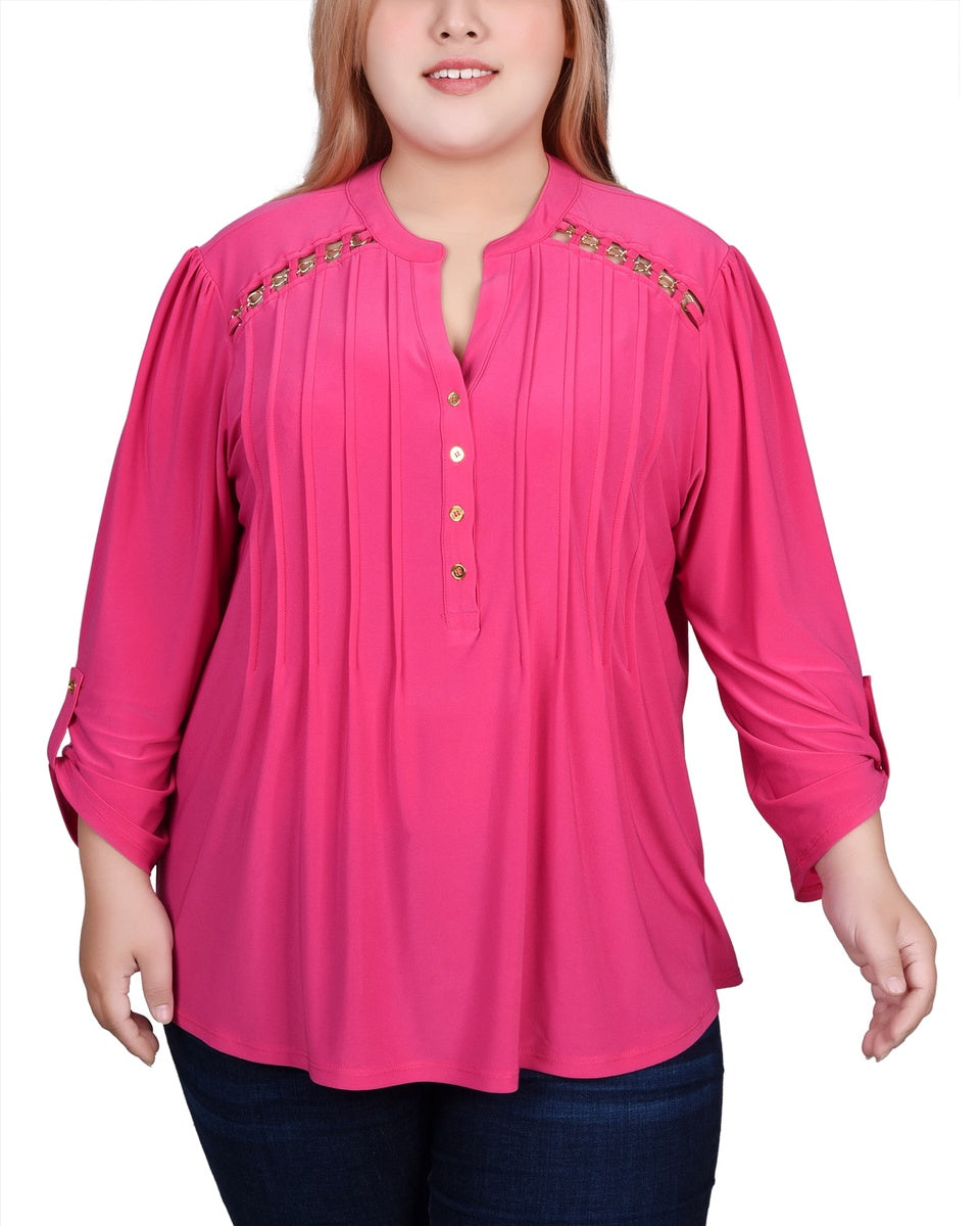  NY Collection Plus Size Long Sleeve Pintuck Front Top With Chain Details - Animal Lilas Dot - Bonton