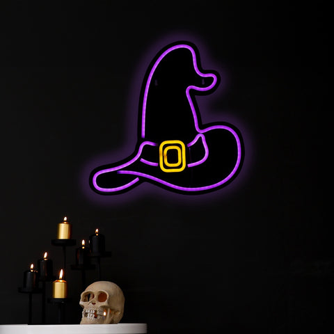 LED Lighted Neon Style Witch Hat Halloween Window Silhouette - 15" - Purple