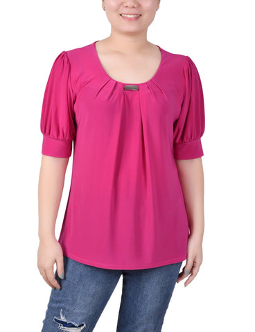 Short Sleeve Balloon Sleeve Top With Hardware