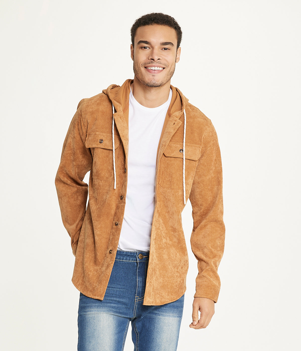  Brooklyn Laundry Men's Long Sleeve Corduroy Hooded Shirt Jacket - Caramel Cafe - Bonton