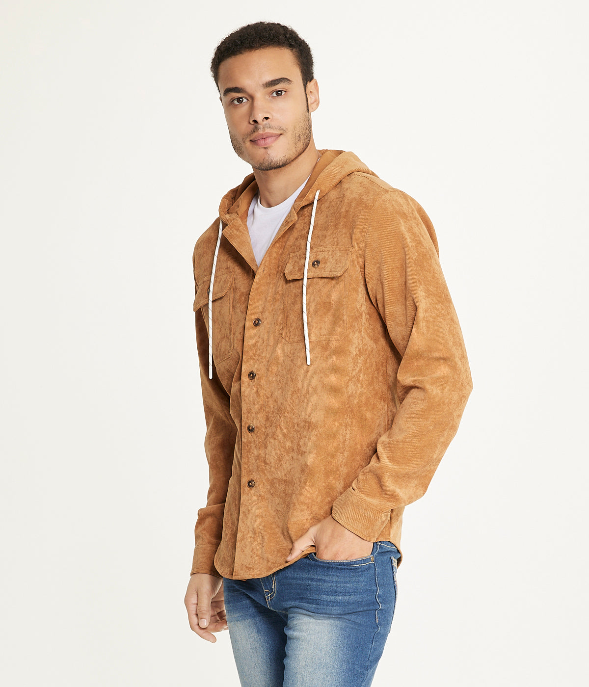  Brooklyn Laundry Men's Long Sleeve Corduroy Hooded Shirt Jacket - Caramel Cafe - Bonton