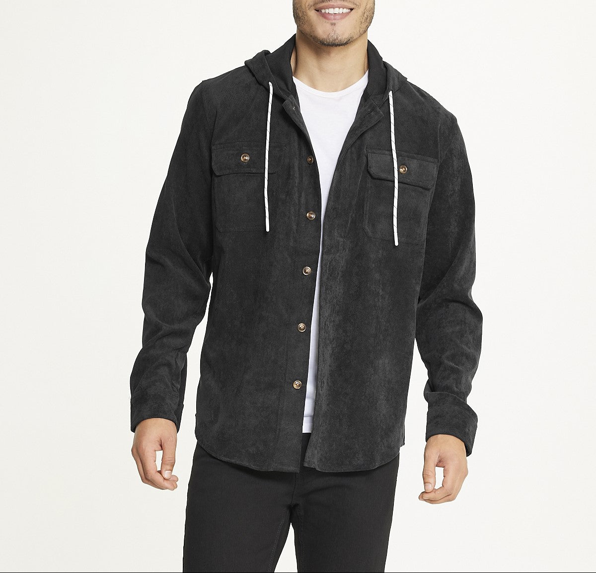  Brooklyn Laundry Men's Long Sleeve Corduroy Hooded Shirt Jacket - Black - Bonton