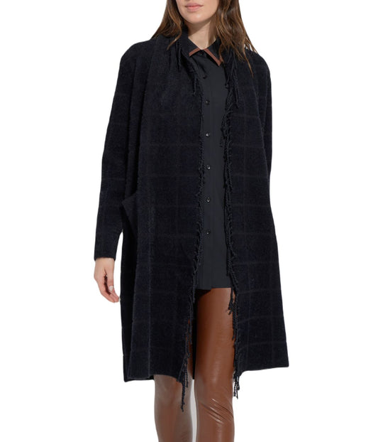 Alice Fringe Sweater Coat Black Plaid