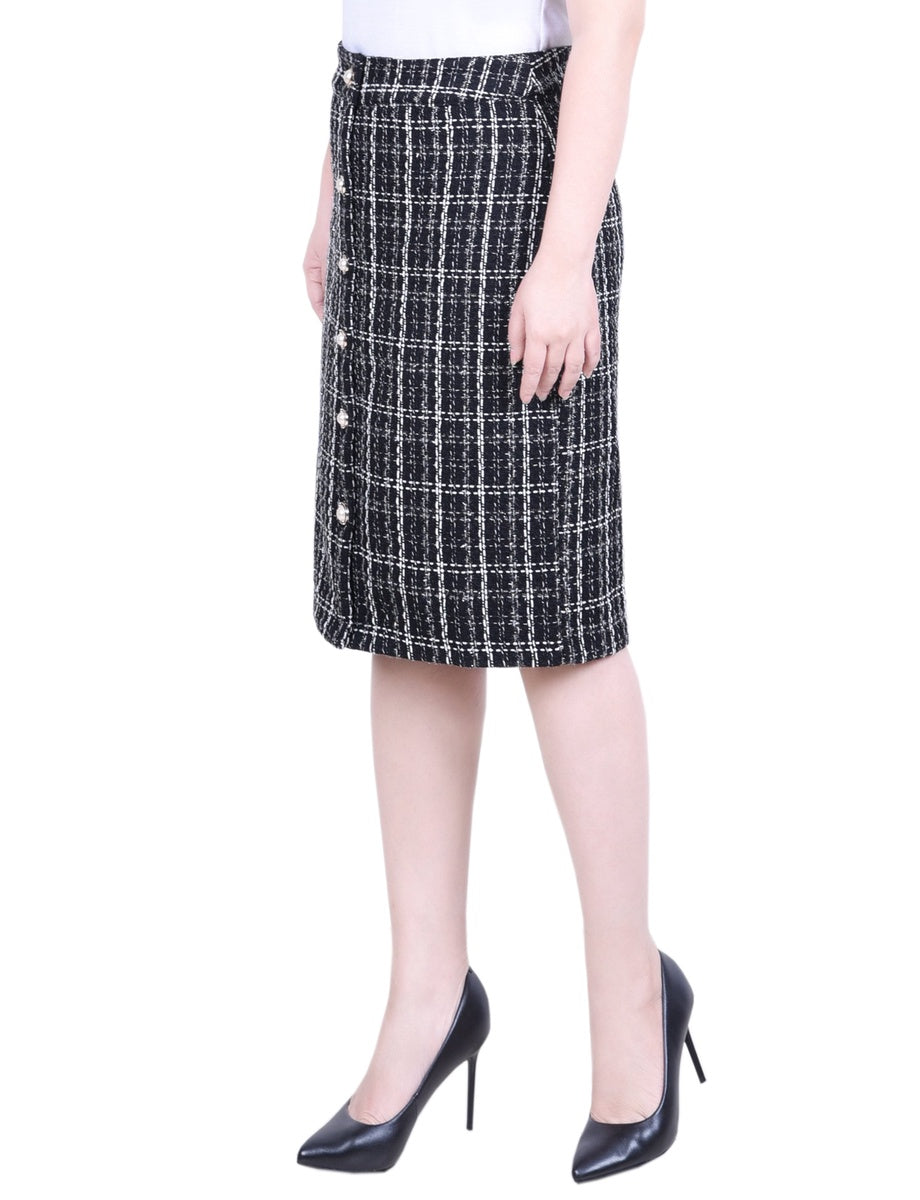  NY Collection Petite Knee Length Slim Tweed Knit Skirt - Black Ivory Plaid - Bonton