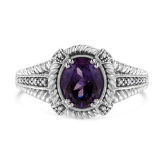 .925 Sterling Silver Prong Set Natural Oval Shape 9X7 Mm Purple Amethyst Solitaire And Diamond Accent Ring (I-J Color, I1-I2 Clarity) - Ring Size 6