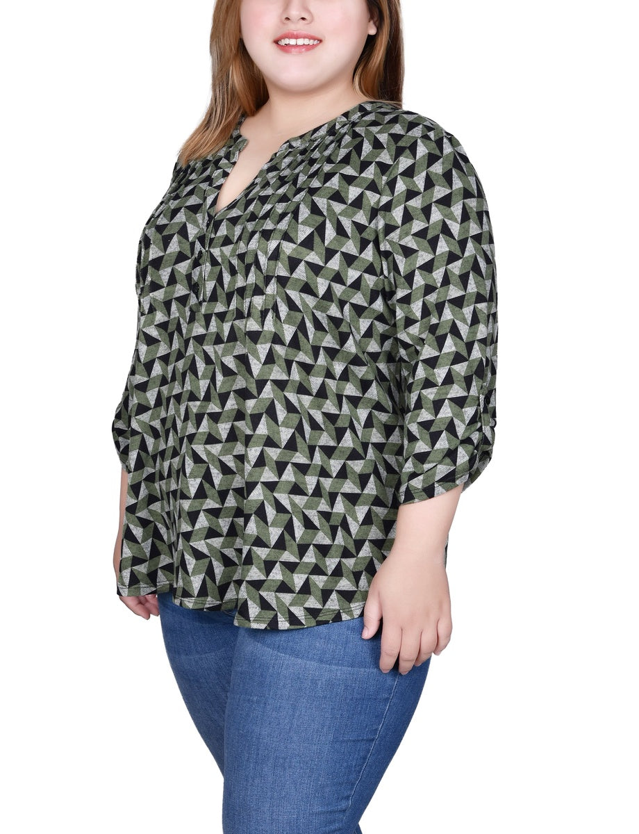  NY Collection Plus Size 3/4 Roll Sleeve Top - Black Grey Animal - Bonton